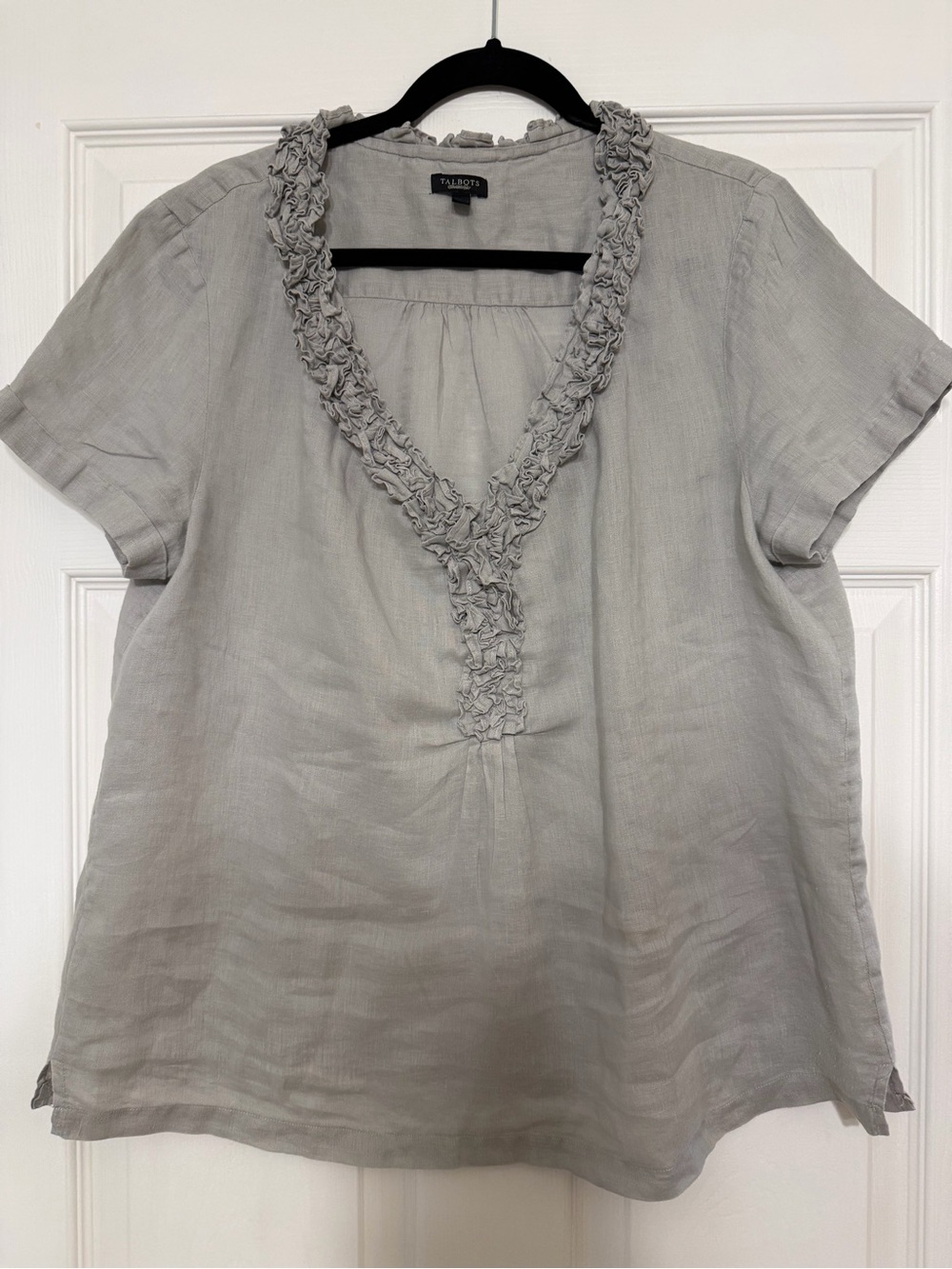 Talbots Light Gray Ruffle-Trim V-Neck Short Sleeve Blouse
